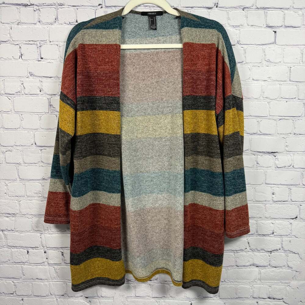 Forever 21 Colorblock Striped Open Front Longline Cardigan - Picture 2 of 6
